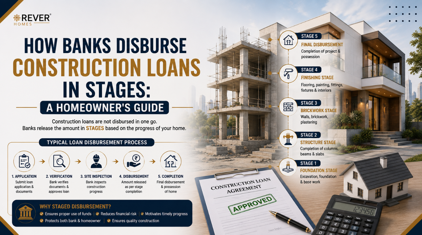 Rever Homes blog post cover - How Banks Disburse Construction Loans in Stages: A Homeowner's Guide